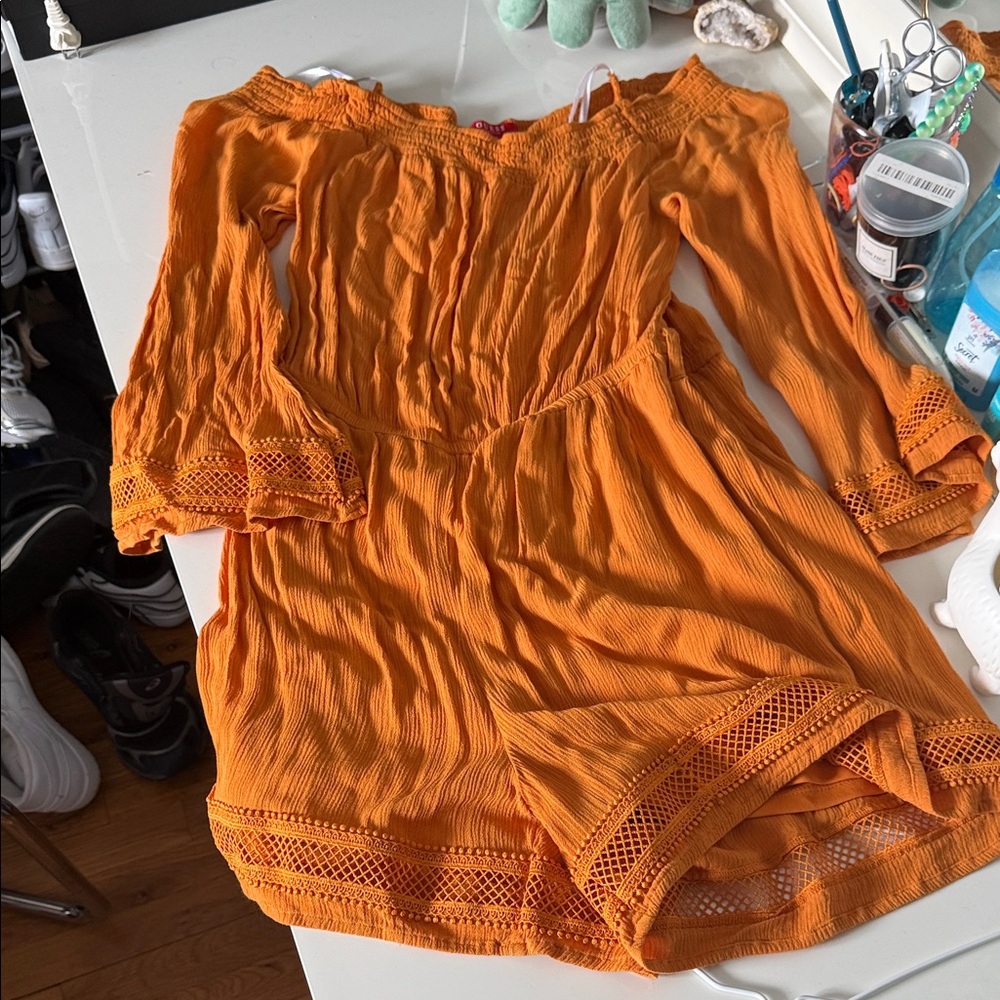 Guess Orange Off-Shoulder Crochet Trim Romper